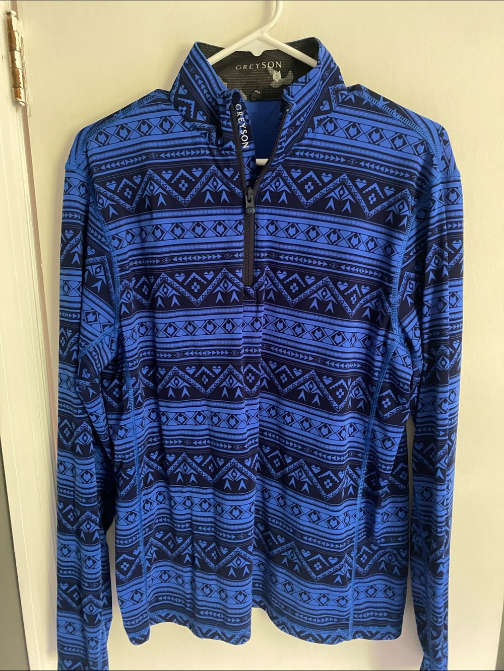 Greyson Men's Royal Blue and Black Patterned Half-Zip Sweater